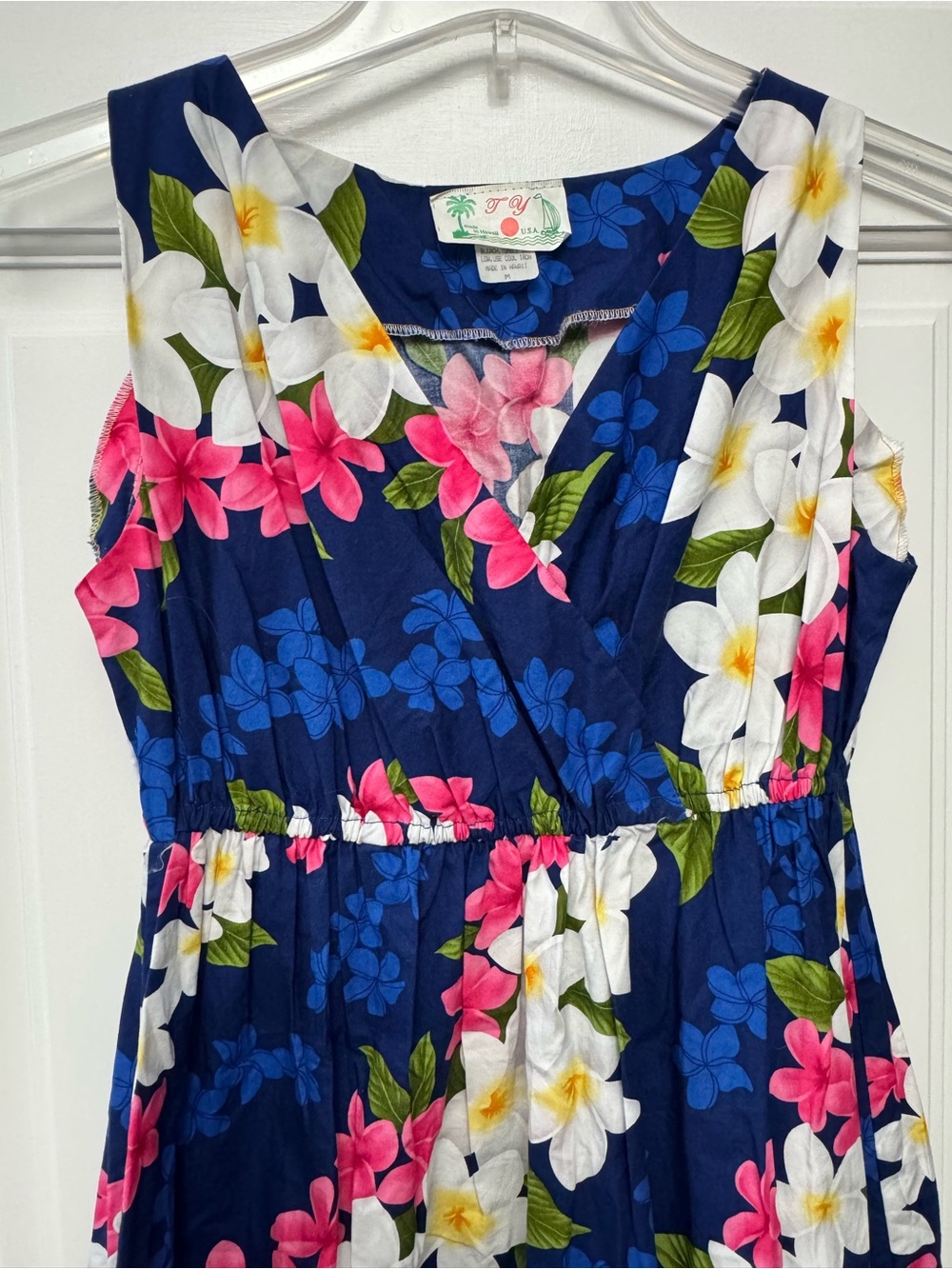 Ty Hawaiian Sleeveless Navy Floral Midi Dress Pink White Green Ruffle Hem EUC